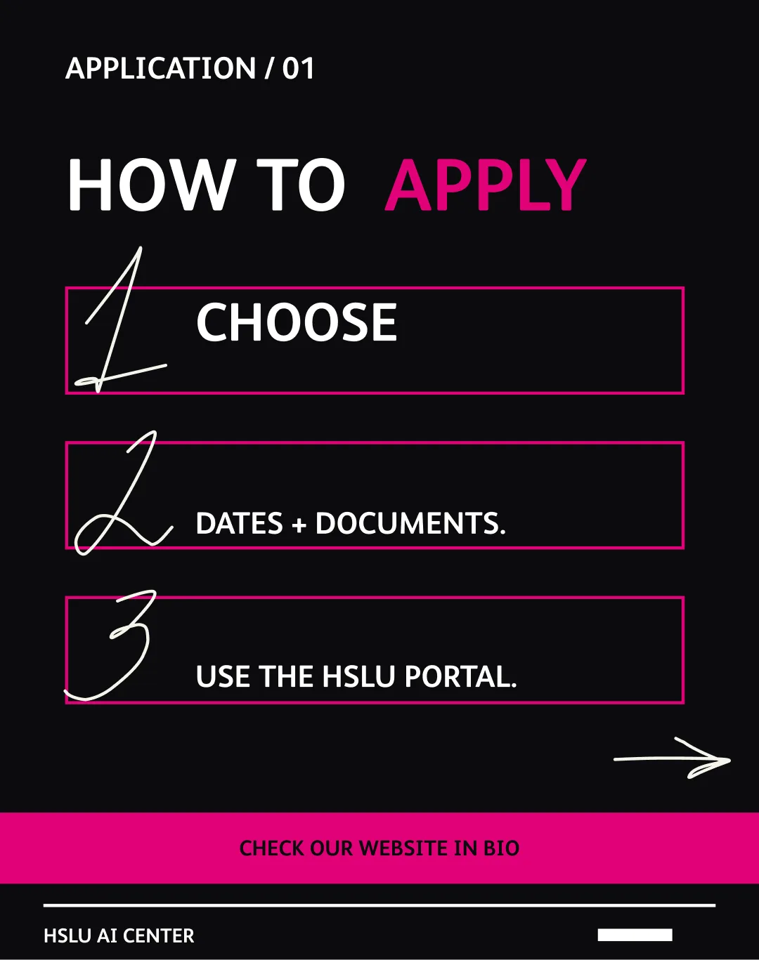 Application post: "How to apply" in white and magenta on black, with three magenta-outlined steps (choose, dates and documents, use the HSLU portal) and a magenta bar reading "check our website in bio".