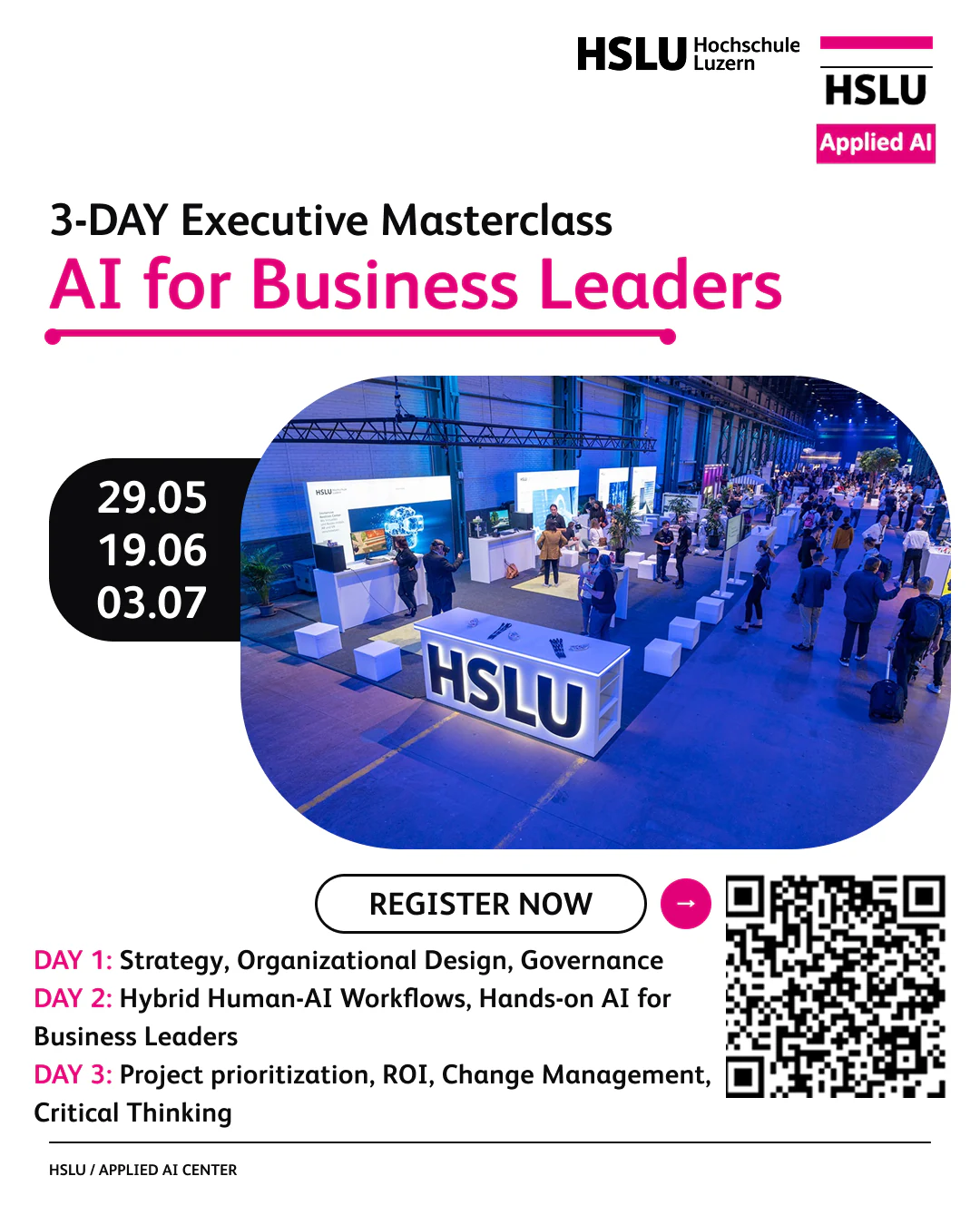 Portrait redesign: the course name set large in magenta under a smaller eyebrow line, the three dates stacked in a black tab, and a photo of a busy HSLU stand at an event.