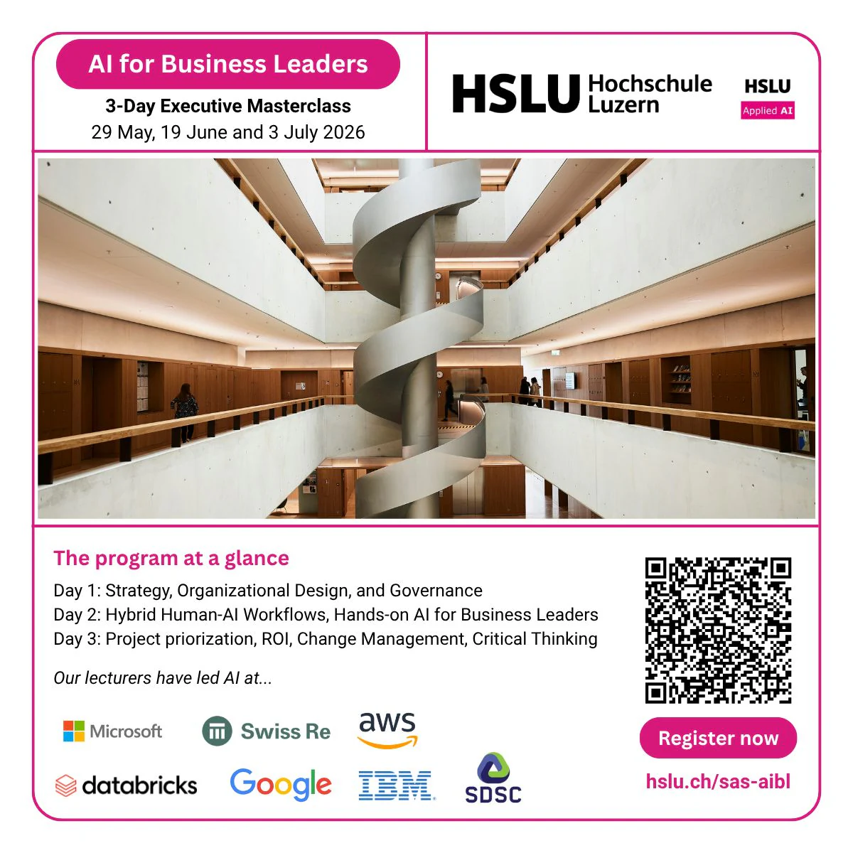 Square HSLU flyer: a magenta border around a photo of an empty concrete stairwell, with the course title in a small pill above it and a row of partner logos below.